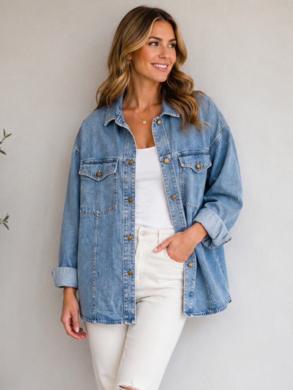 H&M Denim Shacket Oversized Button Front Shirt Jacket Light Wash Cotton